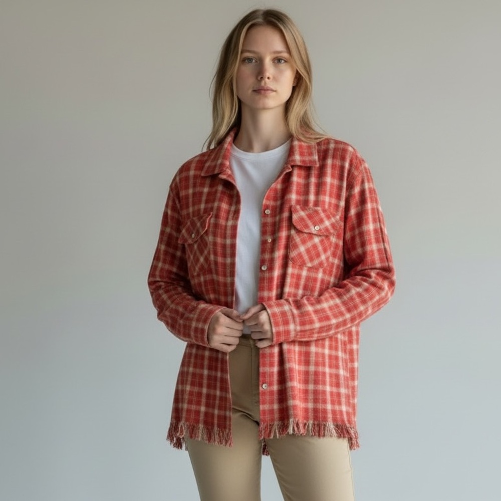 NWT Free People Found Red Plaid Fringe Hem Shirt Jacket Shacket XL Boho Western‎